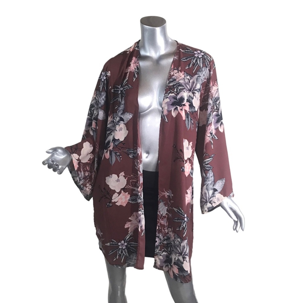 Chris & Carol Women’s Medium Kimono Floral Blouse Open Front Cardigan Top